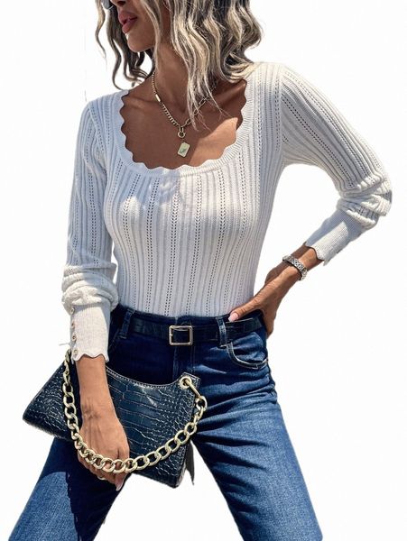 

women's sweaters scallop trim pointelle knit sweater d5kd#, White;black