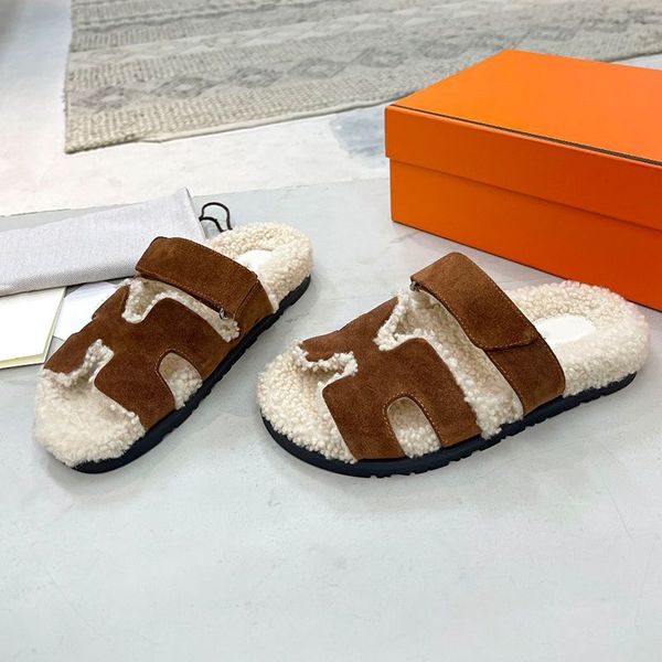 

luxury designer autumn winter women slippers ladies soft wool slip on slides casual flat heels outdoors slipper warm mules runway outfit fem, Black;grey