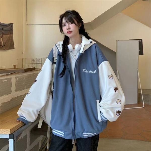 

women's jackets blue print casual loose baseball hooded coat autumn winter sports style 220831, Black;brown