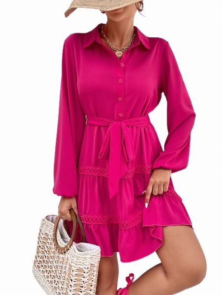 

casual dresses lantern sleeve ruffle hem belted shirt dress s1yd#, Black;gray
