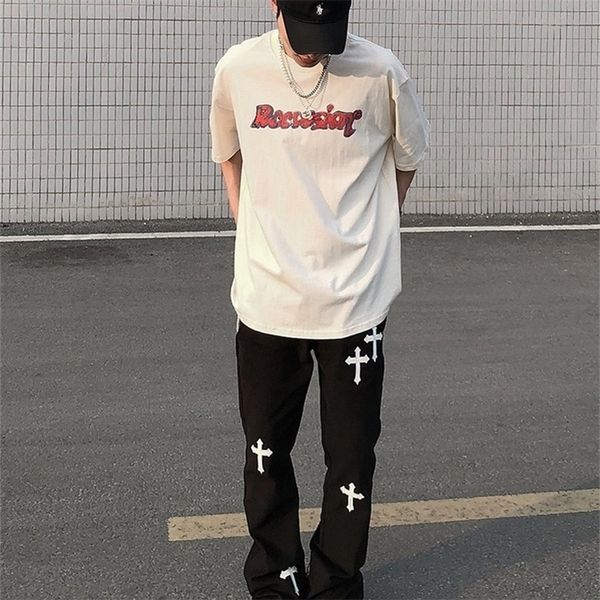 

men's jeans icclek high street loose casual pants embroidered cross flare for denim 220830, Blue