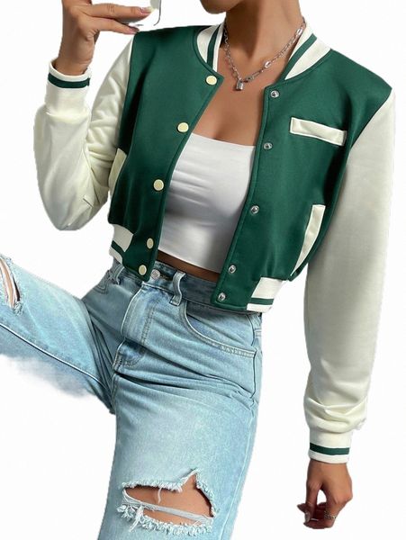 

women's jackets color block snap button bomber jacket u2yt#, Black;brown