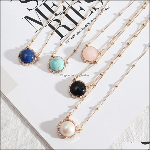

pendant necklaces 17mm round lapis lazi pearl turquoise rose natural stone quartz pendant gold chain necklaces geometric dhseller2010 dhxew, Silver
