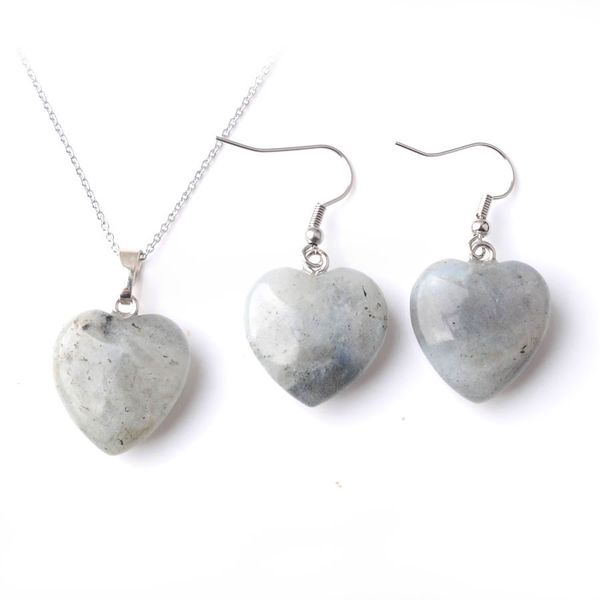 

natural stone necklace jewelry sets for woman labradoirte heart pendant earrings bridal wedding set o9490, Silver