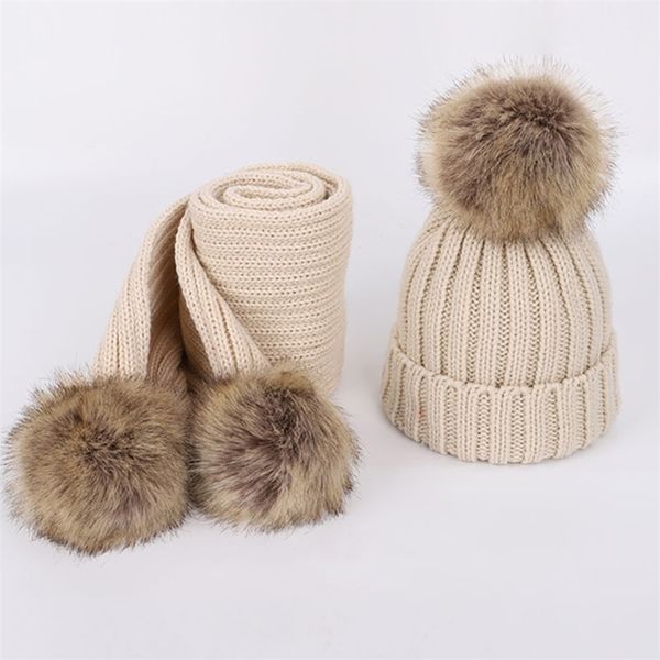 

caps hats girl winter hats beanie warm knitted and scarf set children real fur pompon winter keep warm 5055cm 220830, Yellow
