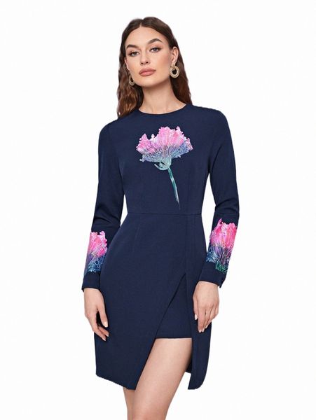 

casual dresses x close ties floral print split hem dress 45kt#, Black;gray