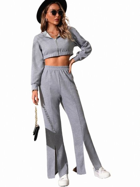 

two piece dress zip up drop shoulder crop hoodie & split hem flare leg pants d1ad#, White