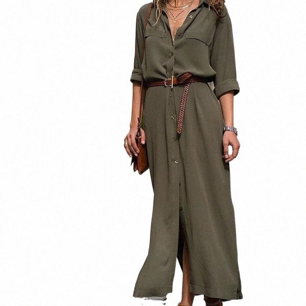 

casual dresses casual dresses women's shirt dress with belt long sleeve straight v neck elegant button ankle-length vestidos c1uo#, Black;gray