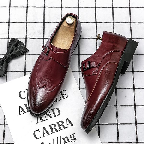 

monk shoes men shoes solid color pu classic side buckle brock pattern fashion business casual party daily ad065, Black