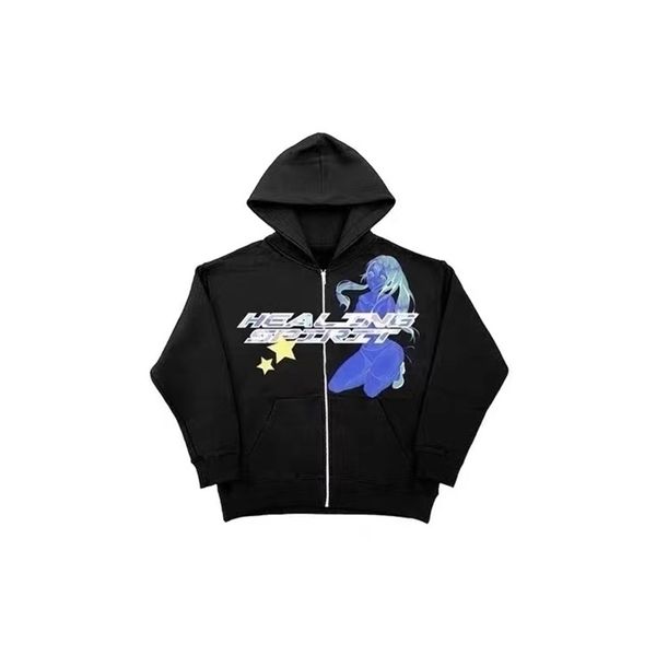 

womens hoodies sweatshirts harajuku zip up y2k printing clothes teens vintage anime oversize letter embroidery sweatshirt 220831, Black