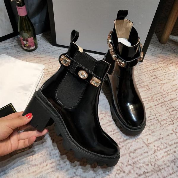 

designer women boots platform chunky heel martin boot genuine leather bee star shoes deserts winter outdoor lady party buckle ankle sho2711, Black
