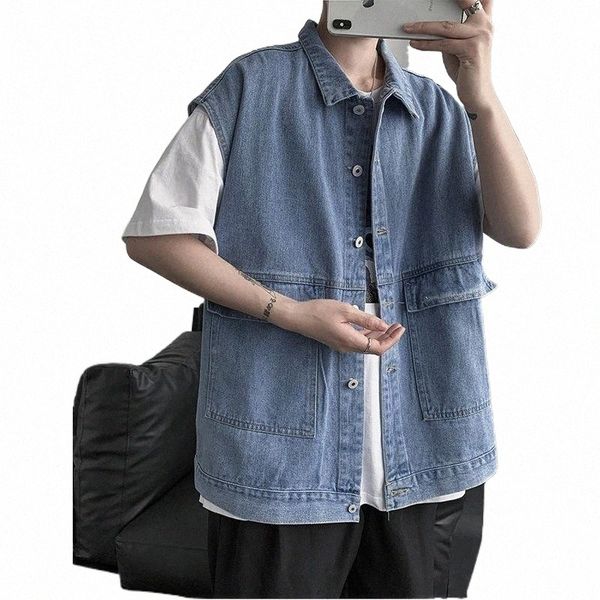 

men's vests ins sleeveless denim jacket men's spring summer trend brand streetwear coat cargo vest black blue plus size male cloth, Black;white