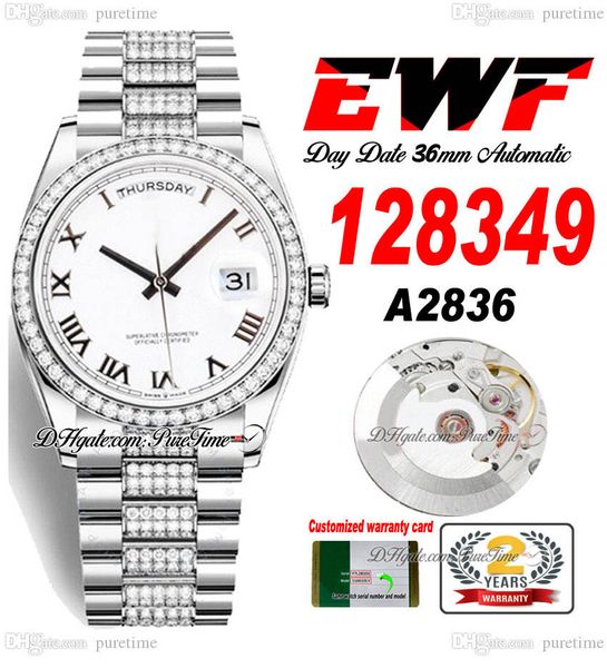

ewf day date 128349 a2836 automatic watch mens ladies 36mm white roman dial diamonds case and presidential bracelet same serial card super e, Slivery;brown