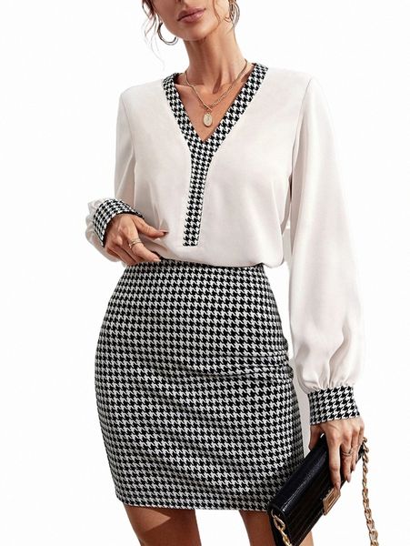 

two piece dress houndstooth print lantern sleeve blouse & bodycon skirt v09d#, White