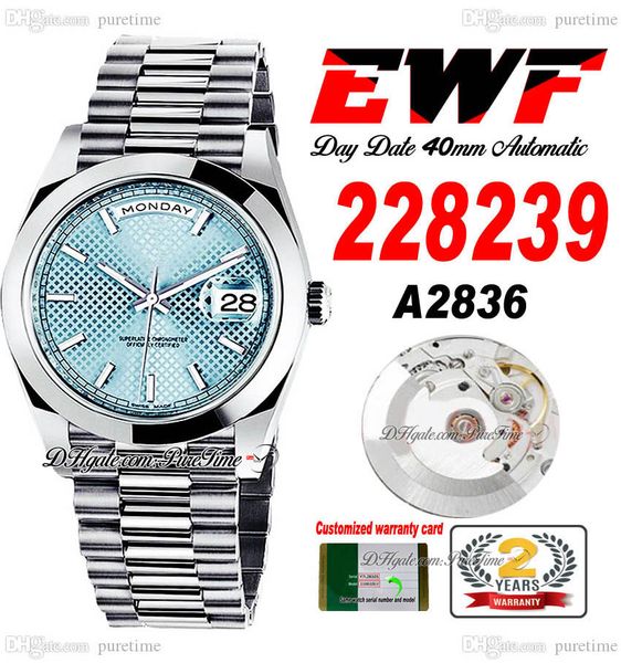 

ewf day date 228239 a2836 automatic mens watch 40mm polished bezel ice blue textured stick dial presidential bracelet same serial card super, Slivery;brown