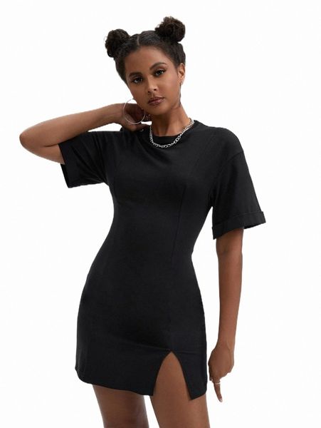 

casual dresses x auralite drop shoulder split hem dress s8yl#, Black;gray