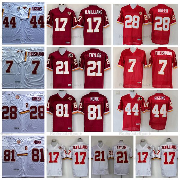 

vintage 7 joe theismann 44 john riggins football jerseys mens 28 darrell green 81 art monk 21 sean taylor 17 doug williams stitched jersey, Black;red