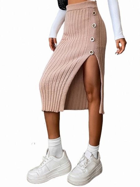 

women's sweaters high waist fake button split hem ribbed knit skirt v9eg#, White;black