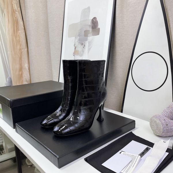 

2022 new high heel short boots crocodile grain autumn winter luxury senior elegant feminine euro 34-41 us 4-10, Black