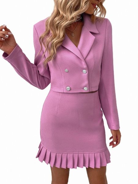 

two piece dress double breasted blazer & pleated hem bodycon skirt d1zh#, White