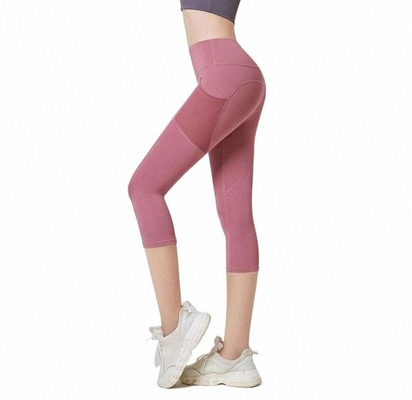 

women's leggings women's leggings women yoga mid-calf length sportswear with pocket mesh high waisted soft solid color stitching p, Black