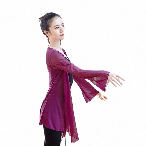 

stage wear beauty mesh modern dance for women fabric shirt see through latin ballroom clothes ballet warm up stage wear u16e#, Black;red