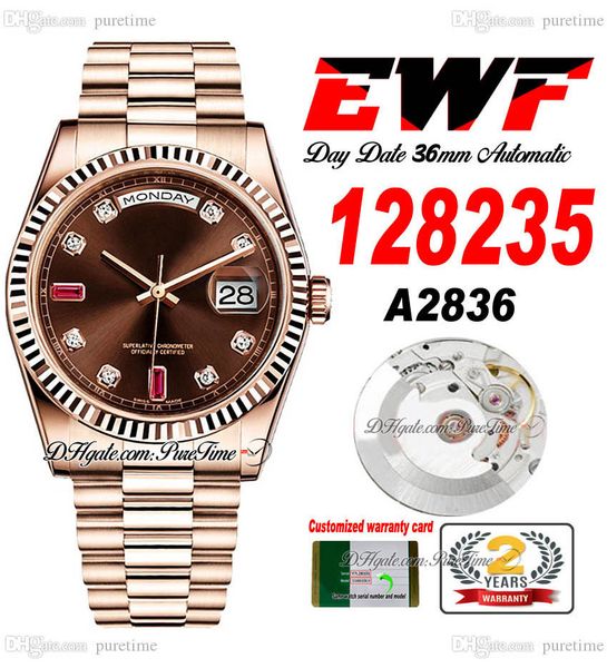 

ewf day date 128235 a2836 automatic watch mens ladies 36 rose gold brown color diamond dial presidential bracelet same serial card super edi, Slivery;brown