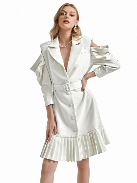 

women's two piece pants x jian lasala cold shoulder ruffle hem buckle belted blazer dress k6mz#, White