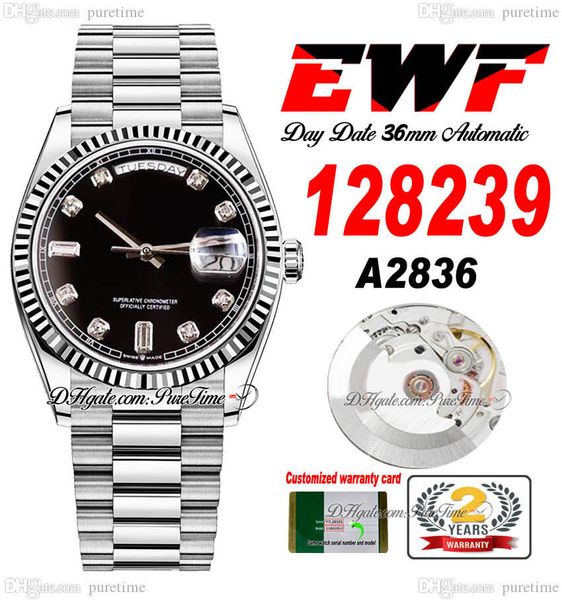 

ewf day date 128239 a2836 automatic watch mens ladies 36 fluted bezel black diamonds dial presidential bracelet same serial card super editi, Slivery;brown