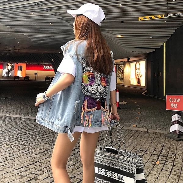 

women s vests jaket rompi denim kembali kucing musim semi panas gaya korea kardigan wanita longgar lubang pita fashion jeans mantel, Black;gray