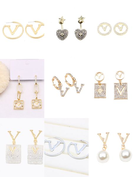 

charm mixed simple 18k gold plated 925 silver luxury brand designers letters stud geometric famous women round crystal rhinestone pearl earr, Golden