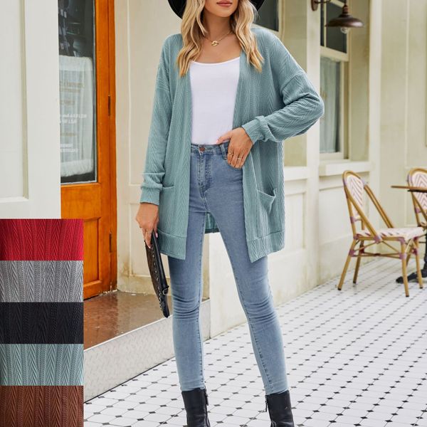 

women's knits long sleeve open front draped loose knit cardigan loose lightweight slouchy sweater coat, White