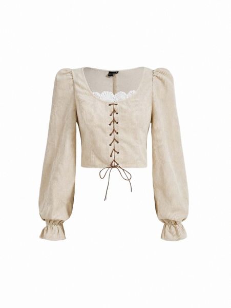 

women's blouses & shirts mod solid lace up front flounce sleeve blouse n8ed#, White