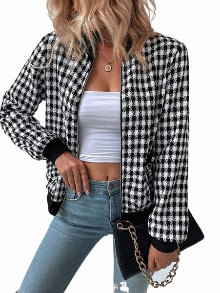 

women's jackets houndstooth patched pocket bomber jacket z3ai#, Black;brown