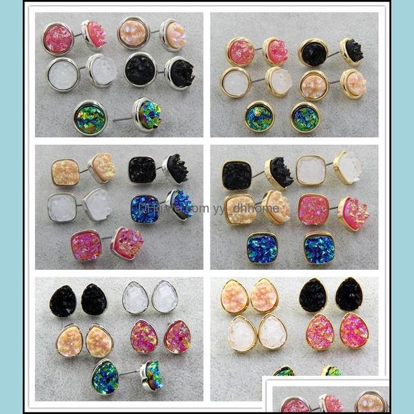 

stud teardrop square round druzy drusy earrings gold plated mini resin stud christmas gift drop delivery 2021 jewelry dhseller2010 dhbbh, Golden;silver