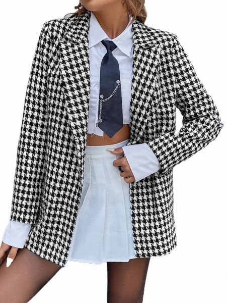 

women's two piece pants houndstooth single button tweed blazer q0xx#, White