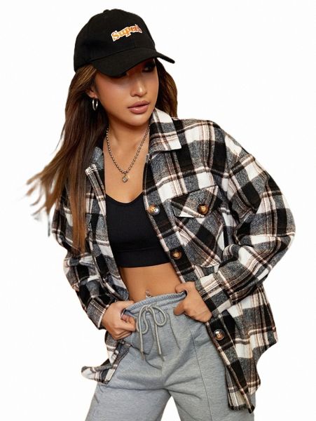 

women's down & parkas plaid flap pocket drop shoulder overcoat w8o3#, Black