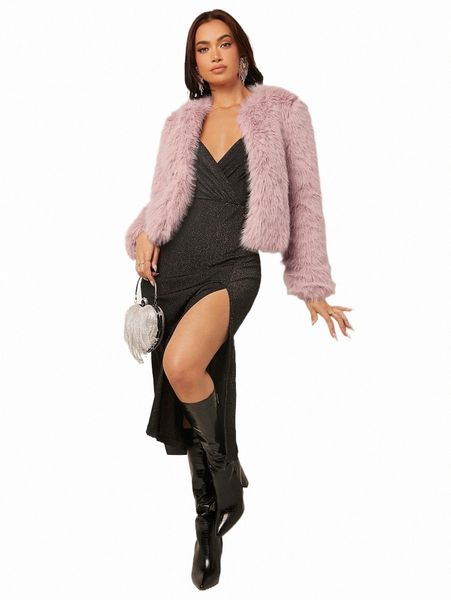 

women's fur & faux fur solid open front fuzzy coat u1z7#, Black