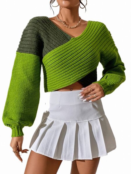 

women's sweaters two tone crossover drop shoulder crop sweater p2mr#, White;black