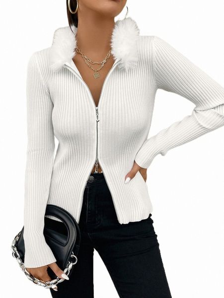 

women's sweaters borg collar zip up ribbed knit cardigan w4qs#, White;black