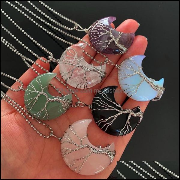

pendant necklaces moon crescent wire wrap tree natural healing stone crystal pendant quartz pendum opal amethyst pink ne dhseller2010 dh6wv, Silver