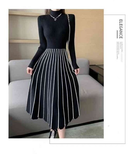 

casual dresses autumn and winter high collar thickened long bottomed knee length dress matching design coat knitted 7dtu, Black;gray