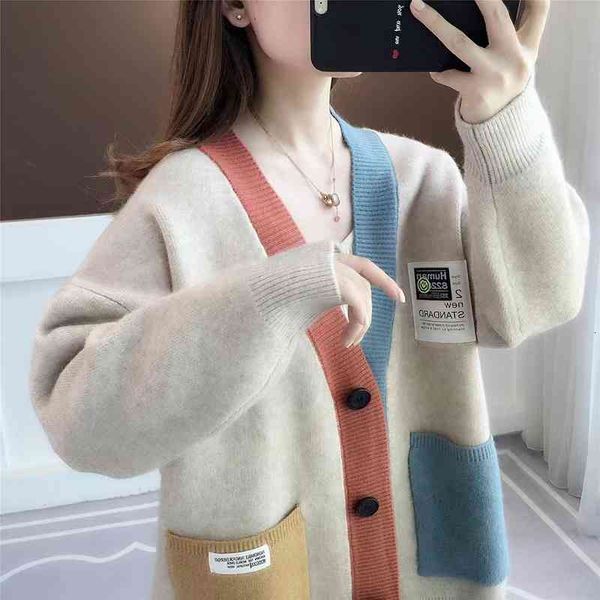 

women's sweaters spring and autumn color contrast stitched knit korean loose versatile sweater lazy cardigan coat 5br6, White;black