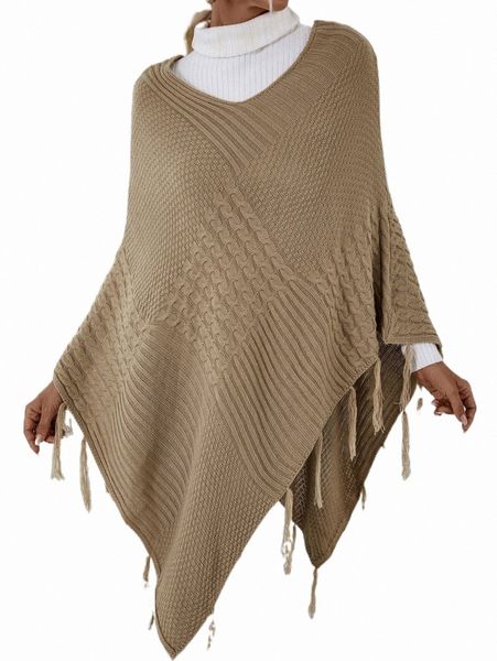 

women's sweaters 1pc tassel hem cable knit poncho s7s7#, White;black