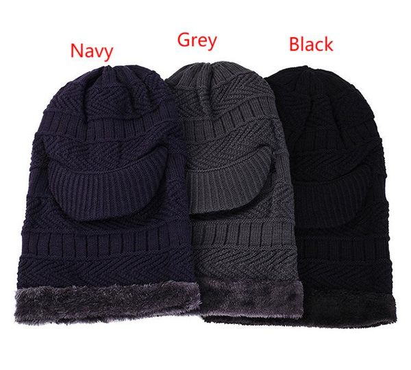 

autumn and winter outdoor hats & scarves sets one-piece cold-proof knitted hat men's plus velvet thickened face-covering wool hat women, Blue;gray