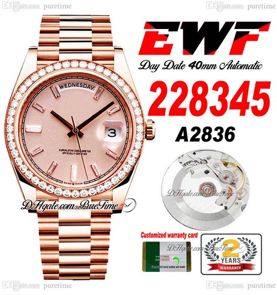 

ewf day date 228345 a2836 automatic mens watch 40 rose gold diamonds bezel champagne baguette dial presidential bracelet same serial card su, Slivery;brown