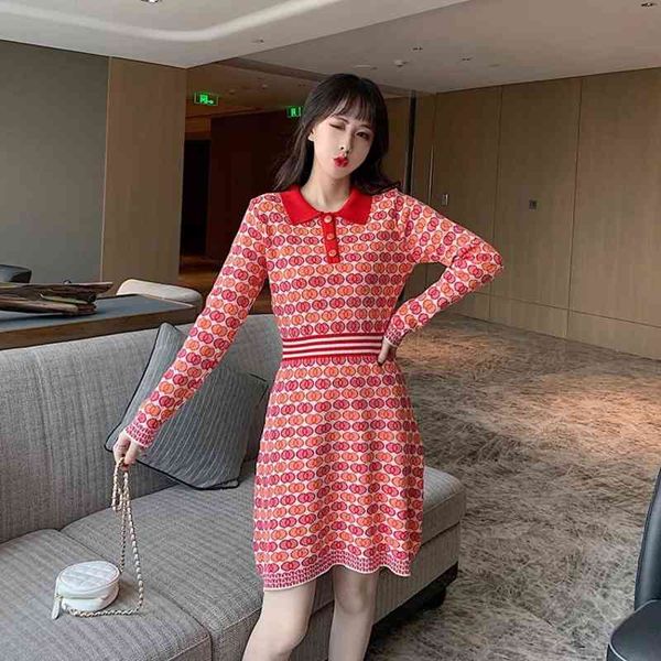 

casual dresses autumn winter knitted dress korean a-line skirt lapel color contrast wave point gentle wind thin lq80, Black;gray