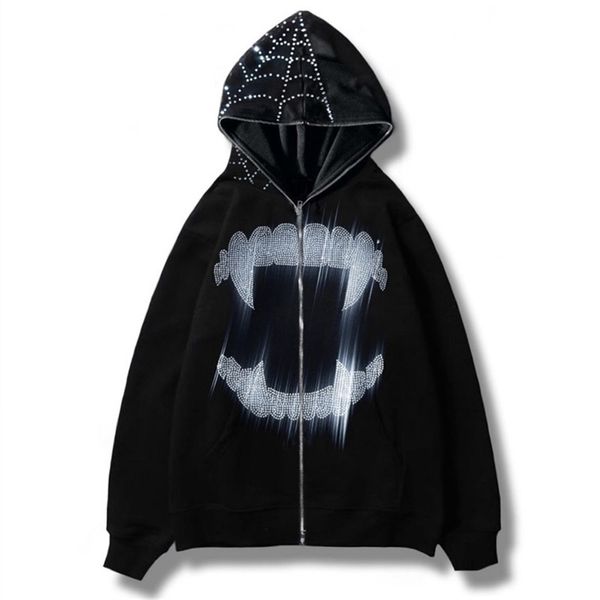 

womens hoodies sweatshirts y2k cobweb zip up oversized sweatshirt autumn goth hoodie men women grunge hooded jacket streetwear clothing 2208, Black