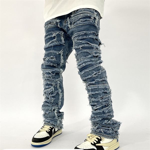 

mens jeans retro hole ripped distressed jeans for men straight washed harajuku hip hop loose denim trousers vibe style casual jean pants 220, Blue