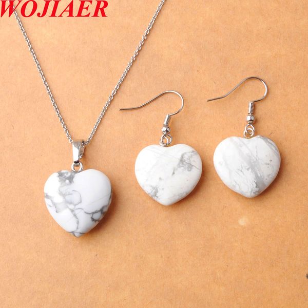 

natural stone necklace jewelry sets for woman white howlite heart pendant earrings bridal wedding set o9499, Silver